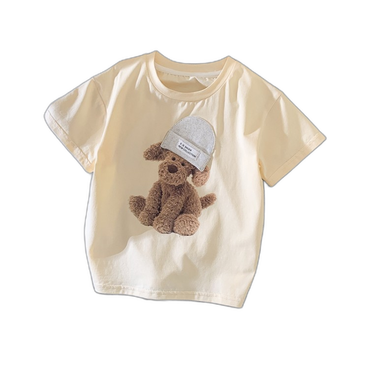 Boys and girls summer fashion puppy elephant penguin bear print short-sleeved three-dimensional cap cotton T-shirt children's tops tops