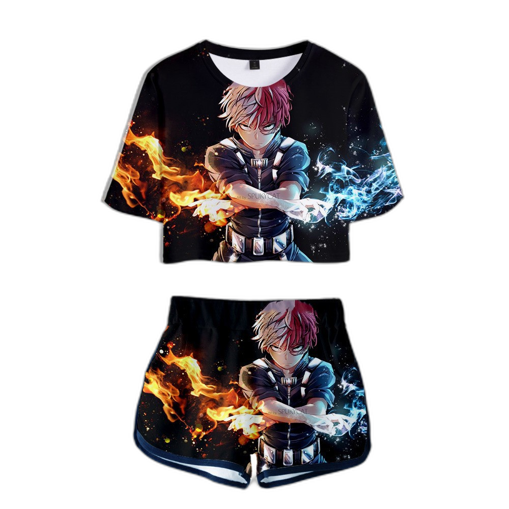 2022 anime character scorched Shoto Todoroki 3D printed navel T-shirt shorts women's suit suit