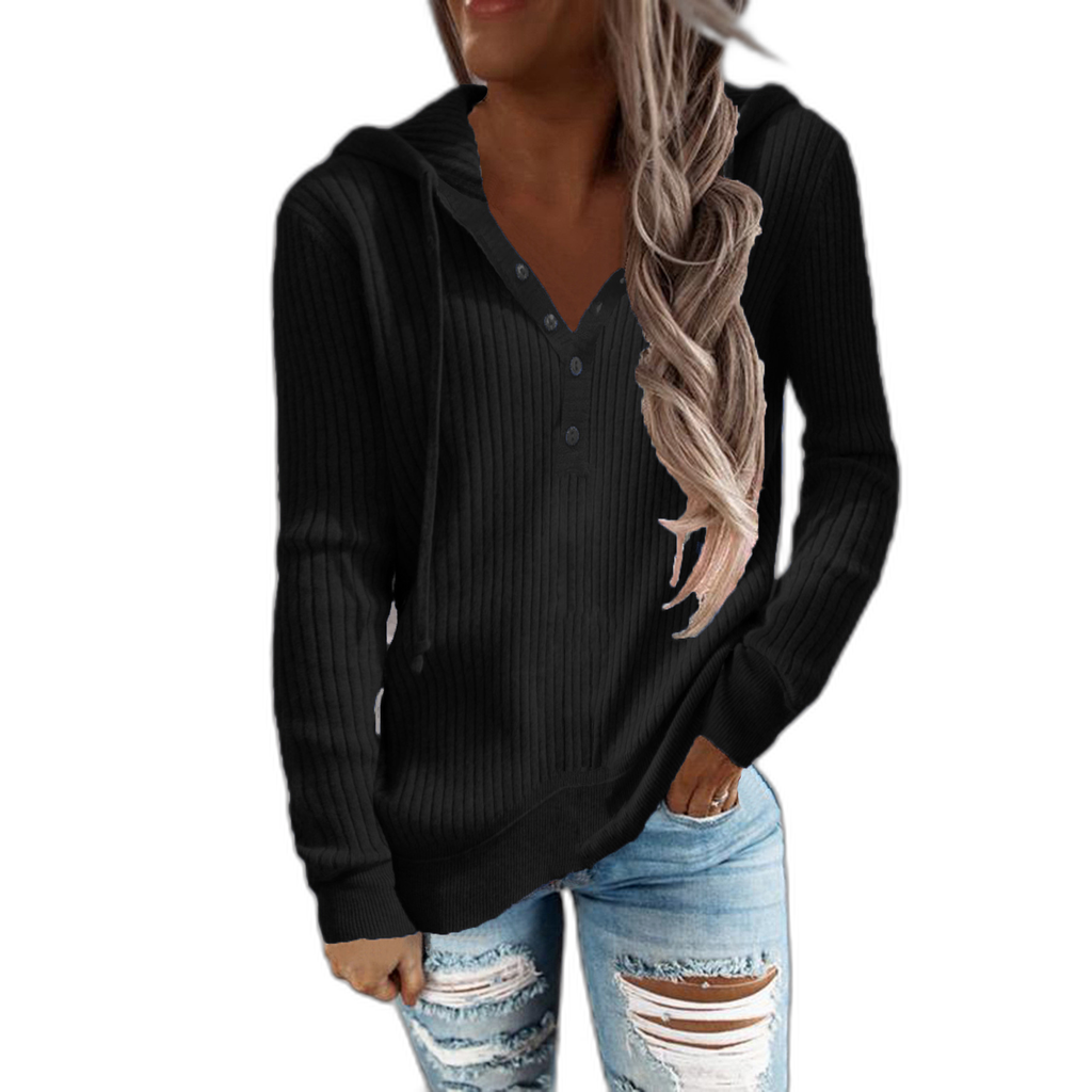 2022 European and American cross-border autumn winter new striped casual hooded sweatshirt loose knitted sweater open collar long-sleeved for women women