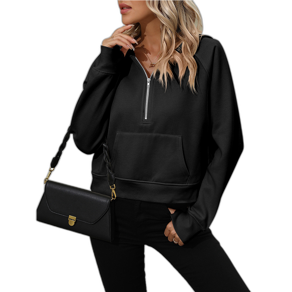 2023 Amazon new European and American women's half zipper pullover hooded sweatshirt fleece short fashion sweater sweater