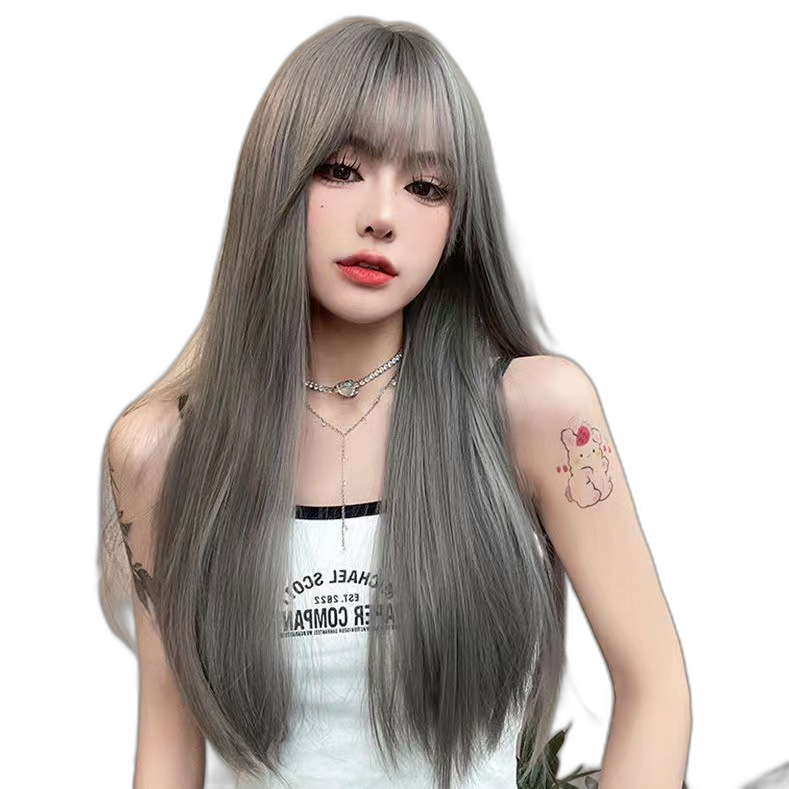 Qi bangs Internet celebrity pure lust style black long straight hair natural wig female full headset platinum Barbie Barbie