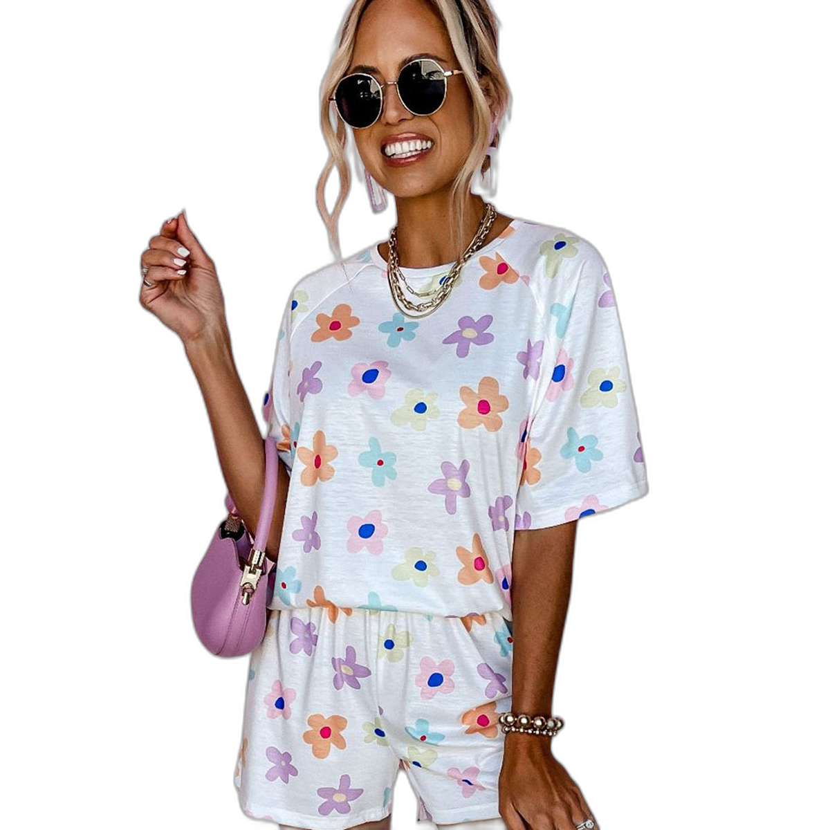 White floral print short-sleeved high waist two-piece shorts women's colorful casual clothing wholesale wholesale