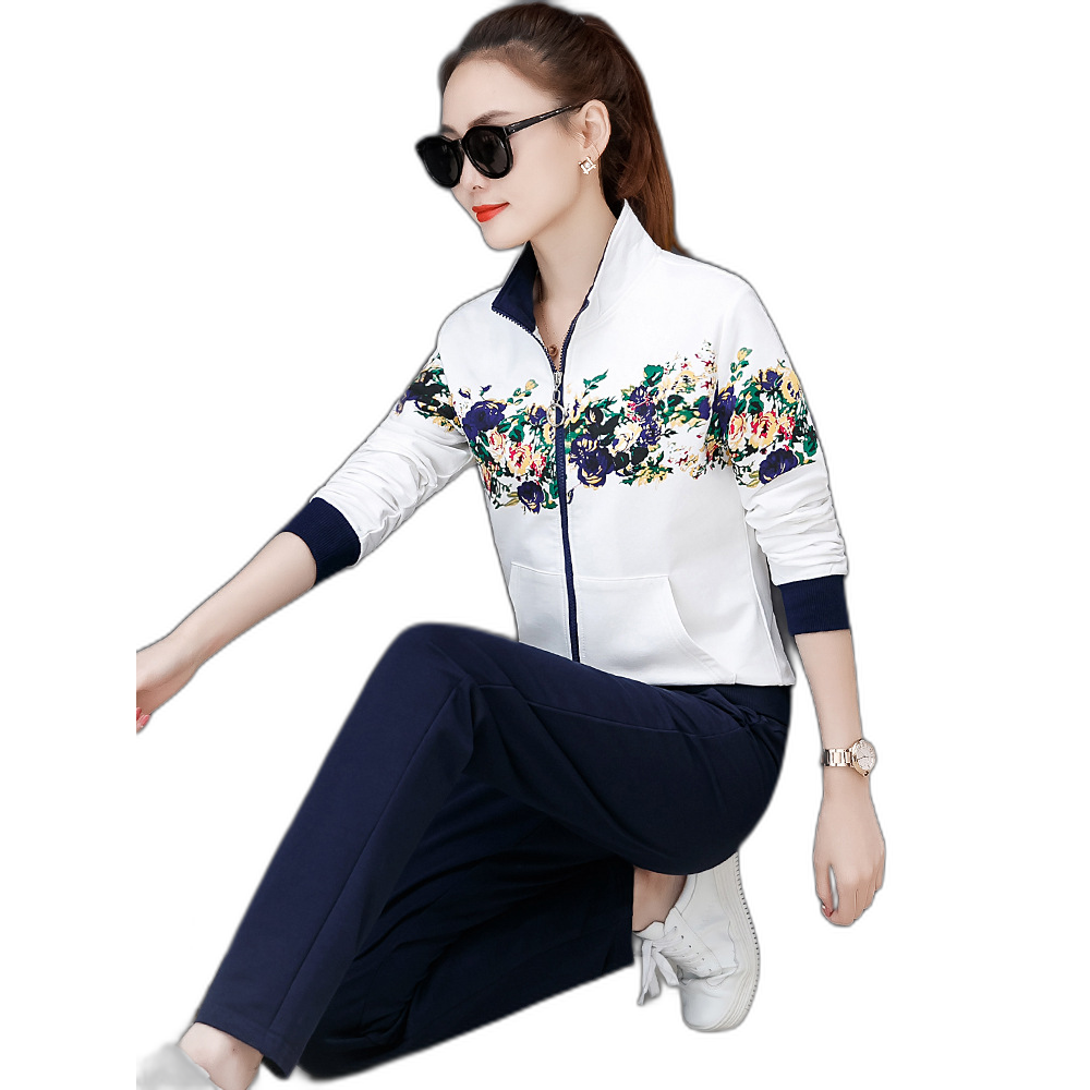 Women's Sports Suit 2023 Spring and Autumn New Xinjiang Cotton Korean Style Fashion Printed Stand Collar Sweater Two-piece Set Set