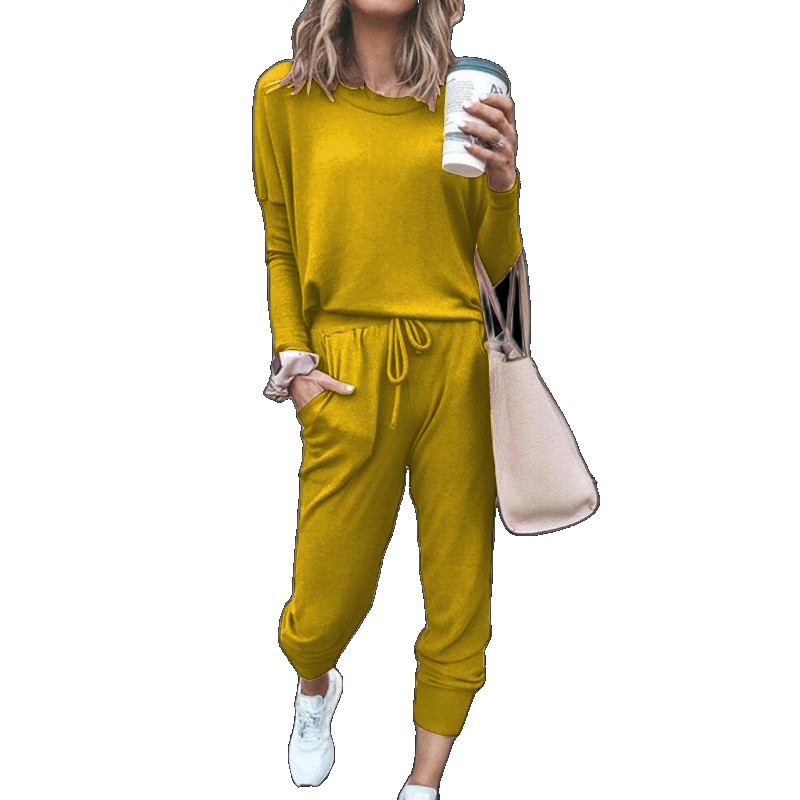2020wish autumn and winter new cross-border European American women's clothing Amazon home loose solid color long-sleeved casual suit for women women