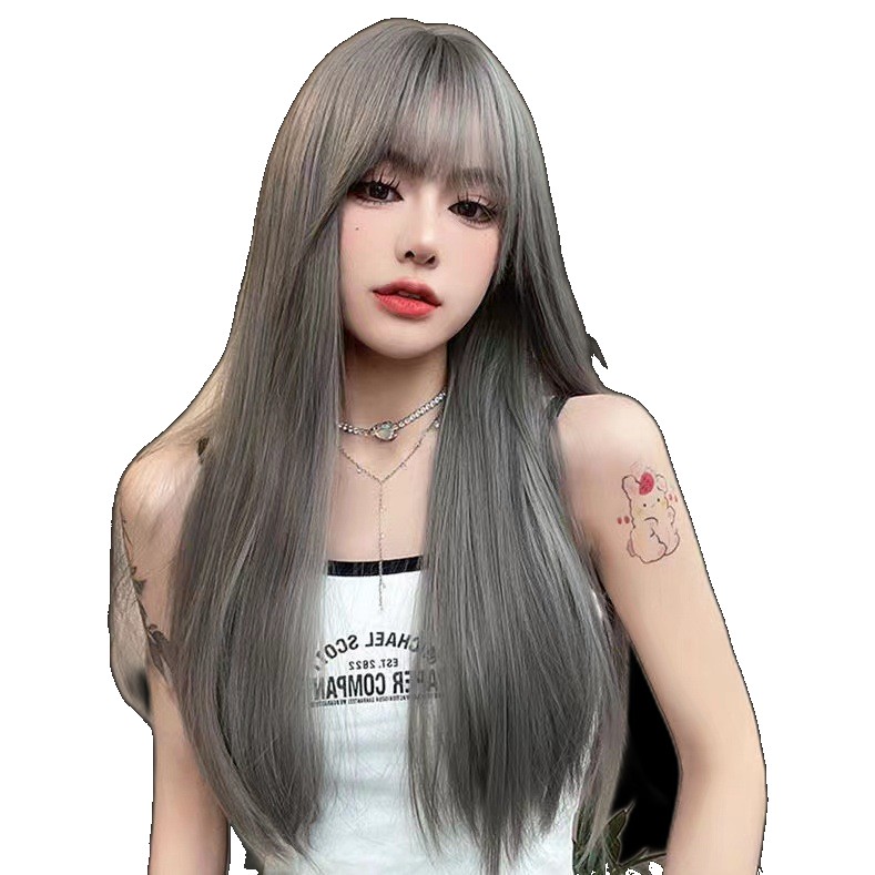 [EGIFTON-3797] Qi bangs Internet celebrity pure lust style black long straight hair natural wig female full headset platinum Barbie Barbie (ONESIZE)