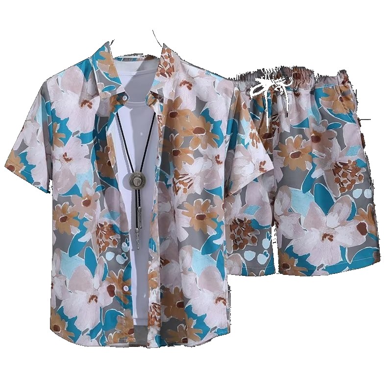 Cross-border foreign trade printing quick-drying casual suit men's short-sleeved shirt five-point beach sports summer pants pants
