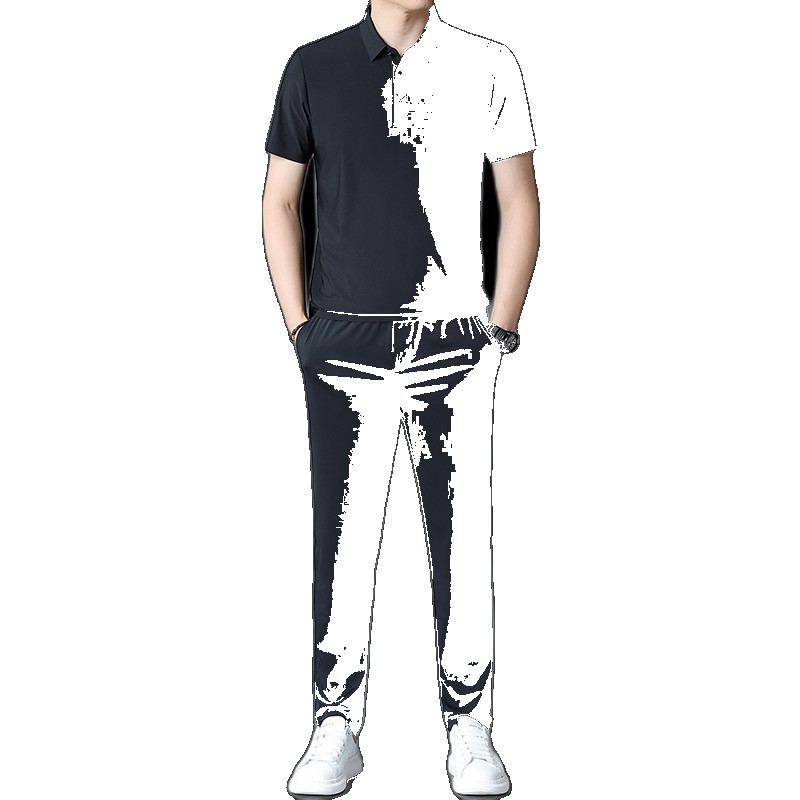 Summer business seamless men's short-sleeved ice silk two-piece suit middle-aged and young casual sports lapel polo shirt thin section section