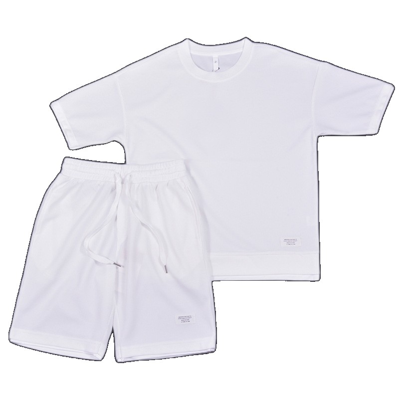 Waffle fake two-piece suit men's round neck T-shirt top five-point casual shorts sports trend spot wholesale wholesale