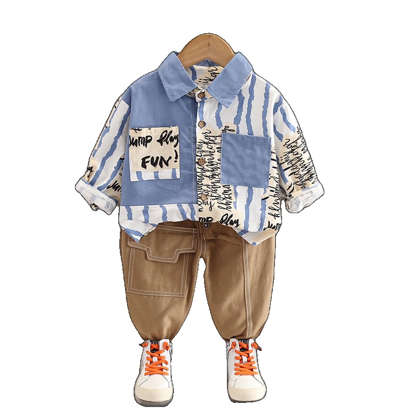 [EGIFTON-LIVE-3202] Boys' long-sleeved shirt cotton casual children's spring and autumn clothing suit baby color matching two-piece set set