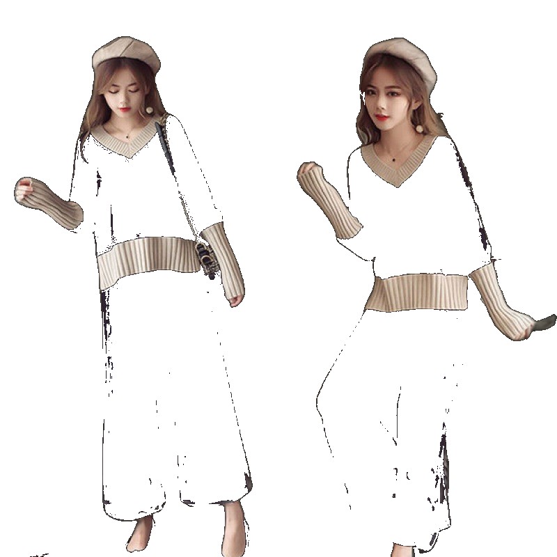 2023 autumn and winter new style small fragrant large size foreign thin bottoming knitted sweater women's wide-leg pants two-piece suit suit