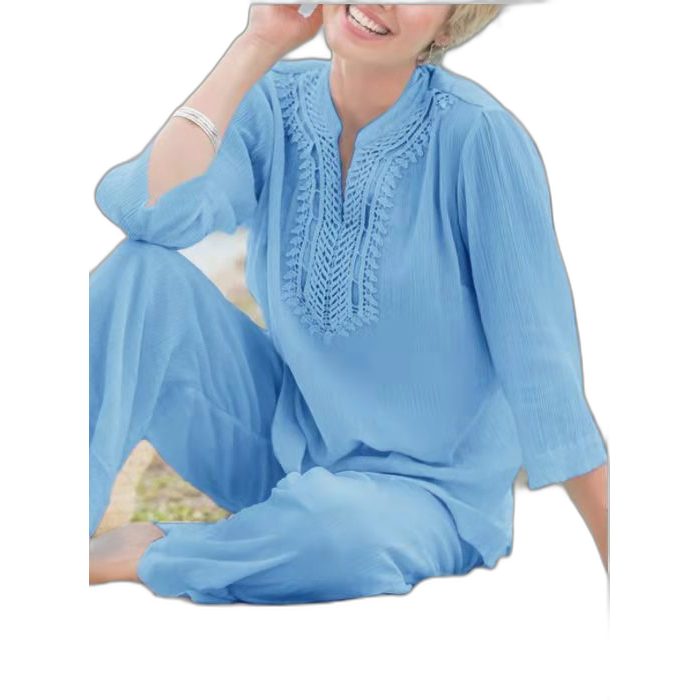 [EGIFTON-LIVE-3683] Europe and the United States 2022 independent station women's solid color lace V-neck long-sleeved pullover blue shirt suit suit