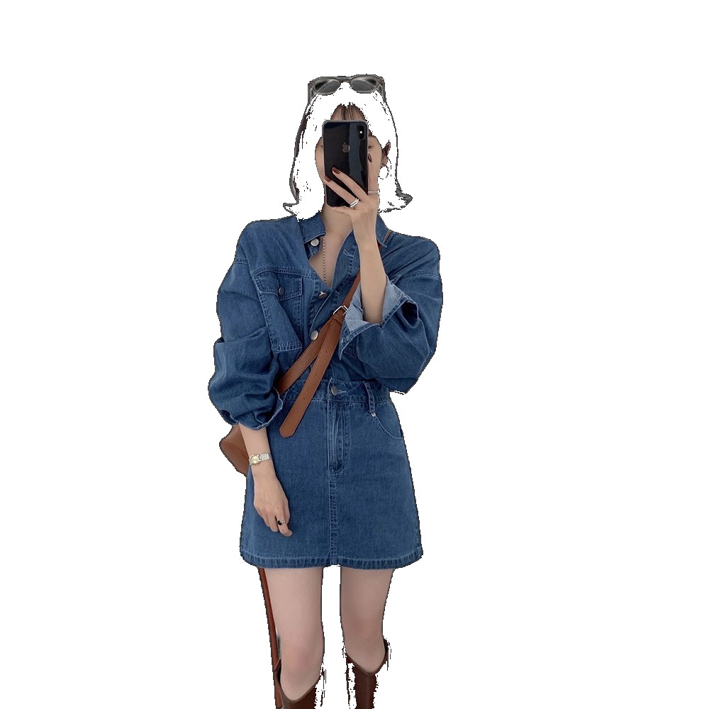 Korea Dongdaemun 2023 new autumn fashion loose long-sleeved denim shirt + high-waisted A-line skirt two-piece set set
