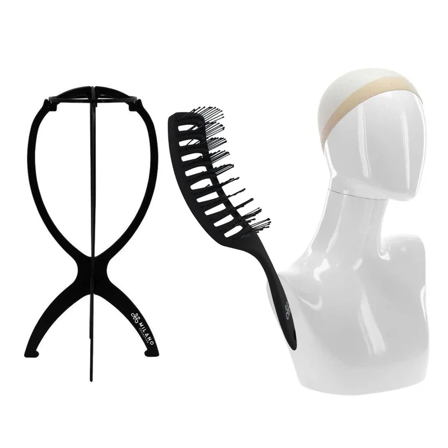 [EXT-WIG-TOOLS-MILANO-001] Milano Wig Stand, Caps and Gentle Brush Value Pack (ONESIZE)