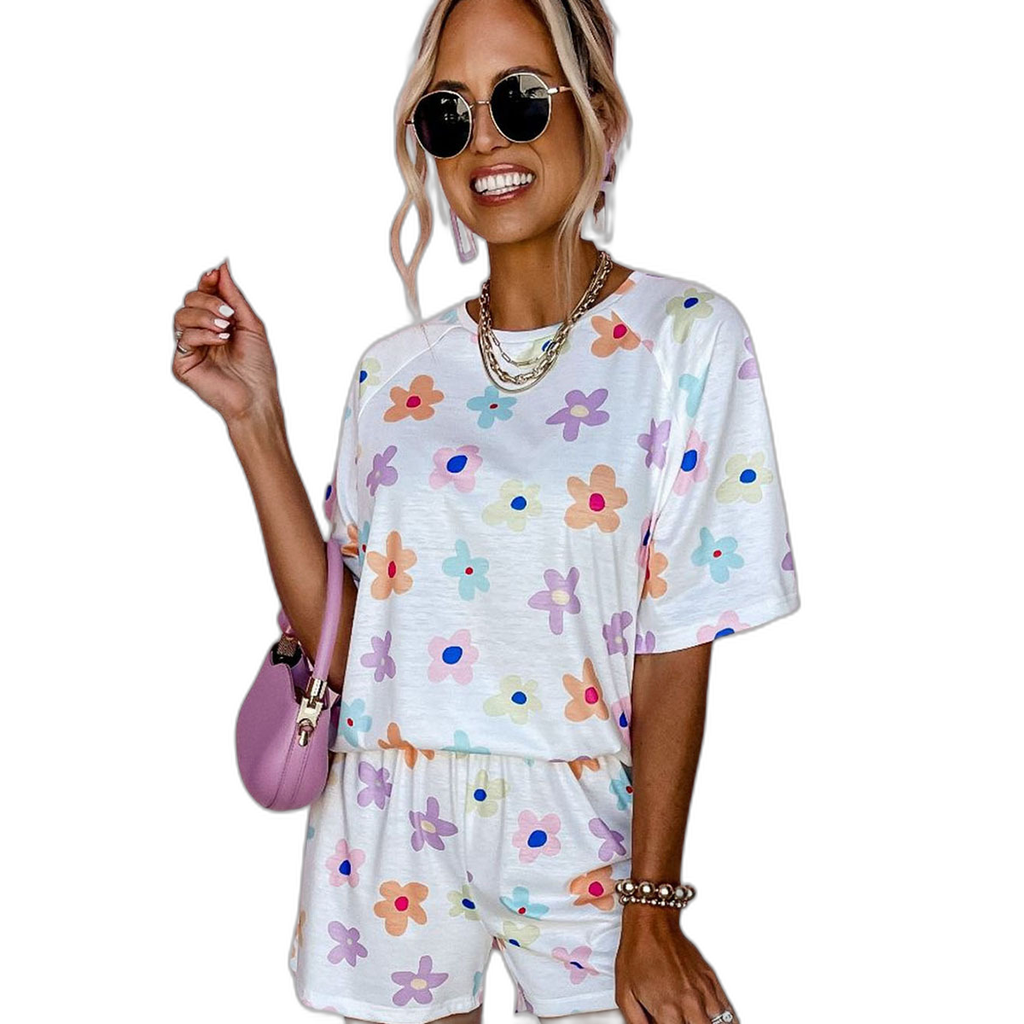 [EGIFTON-3852] White floral print short-sleeved high waist two-piece shorts women's colorful casual clothing wholesale wholesale