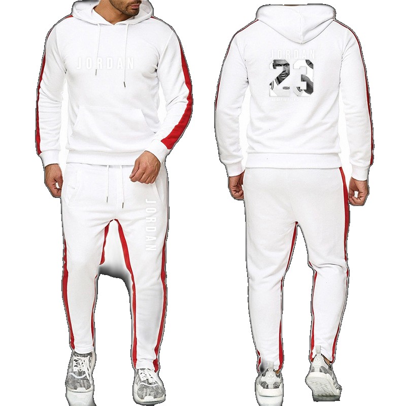 [EGIFTON-LIVE-3138] Cross-border men's casual sports suit European and American Amazon color block printing 23 hooded plus velvet sweatshirt sweatpants suit