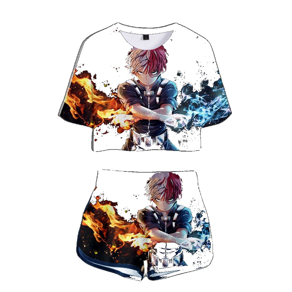[EGIFTON-LIVE-3551] 2022 anime character scorched Shoto Todoroki 3D printed navel T-shirt shorts women's suit suit
