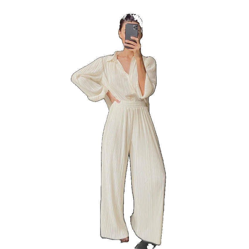 [EGIFTON-LIVE-3566] 2023 autumn and winter new long-sleeved lapel pleated shirt women's wide-leg mopping drape trouser suit solid color color