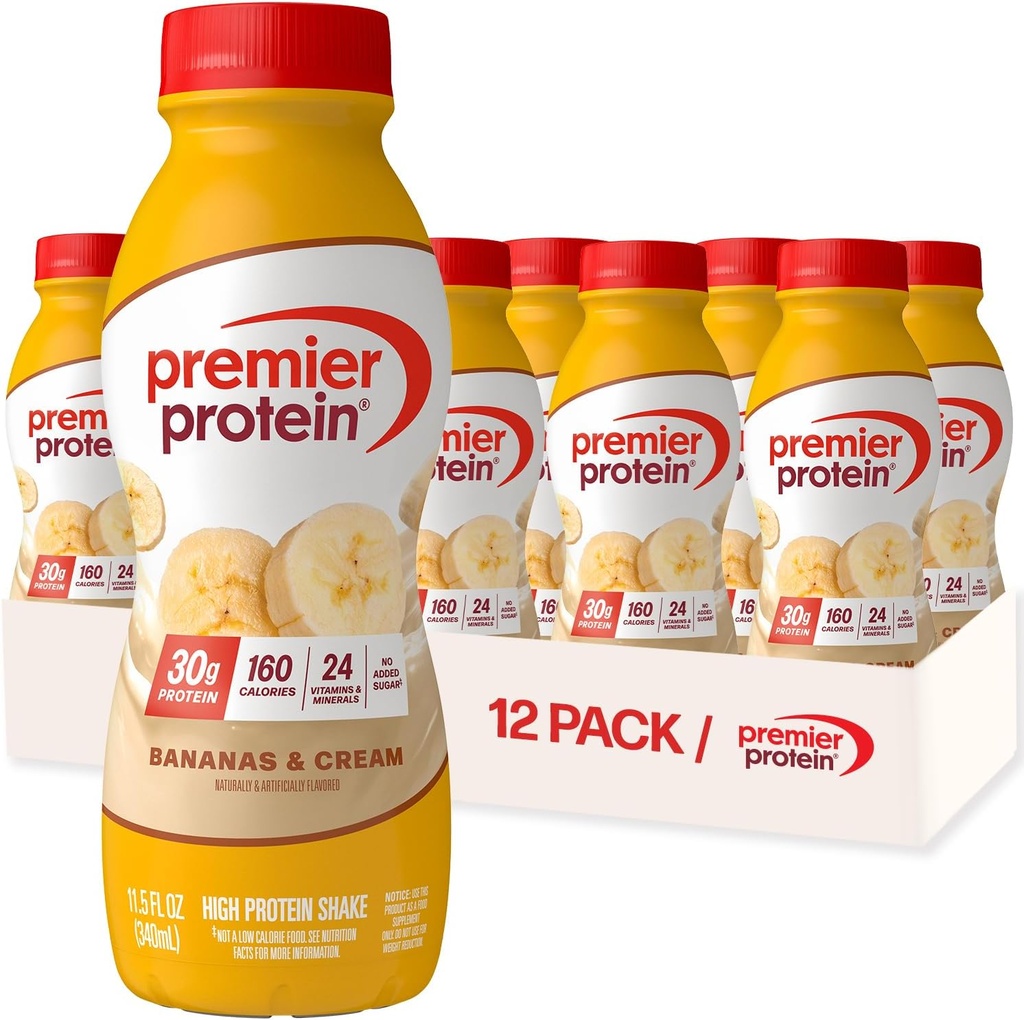 Premier Protein Shake, Bananas & Cream, 30g Protein, No Added Sugar, 24 Vitamins & Minerals to Support Immune Health, 11.5 fl oz, 12 Pack (Packaging May Vary)