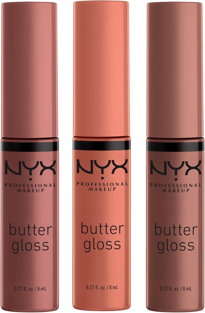 NYX PROFESSIONAL MAKEUP Butter Gloss Brown Sugar, Non-Sticky Lip Gloss - Pack Of 3 (Sugar High, Spiked Toffee, Butterscotch)