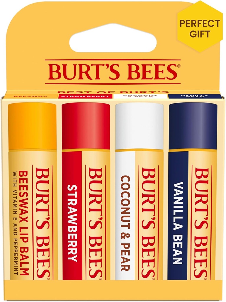 Burt's Bees Lip Balm, Beeswax, Strawberry, Coconut and Pear, and Vanilla Bean Pack, With Responsibly Sourced Beeswax, Tint-Free, Natural Lip Treatment, 4 Tubes, 0.15 oz.