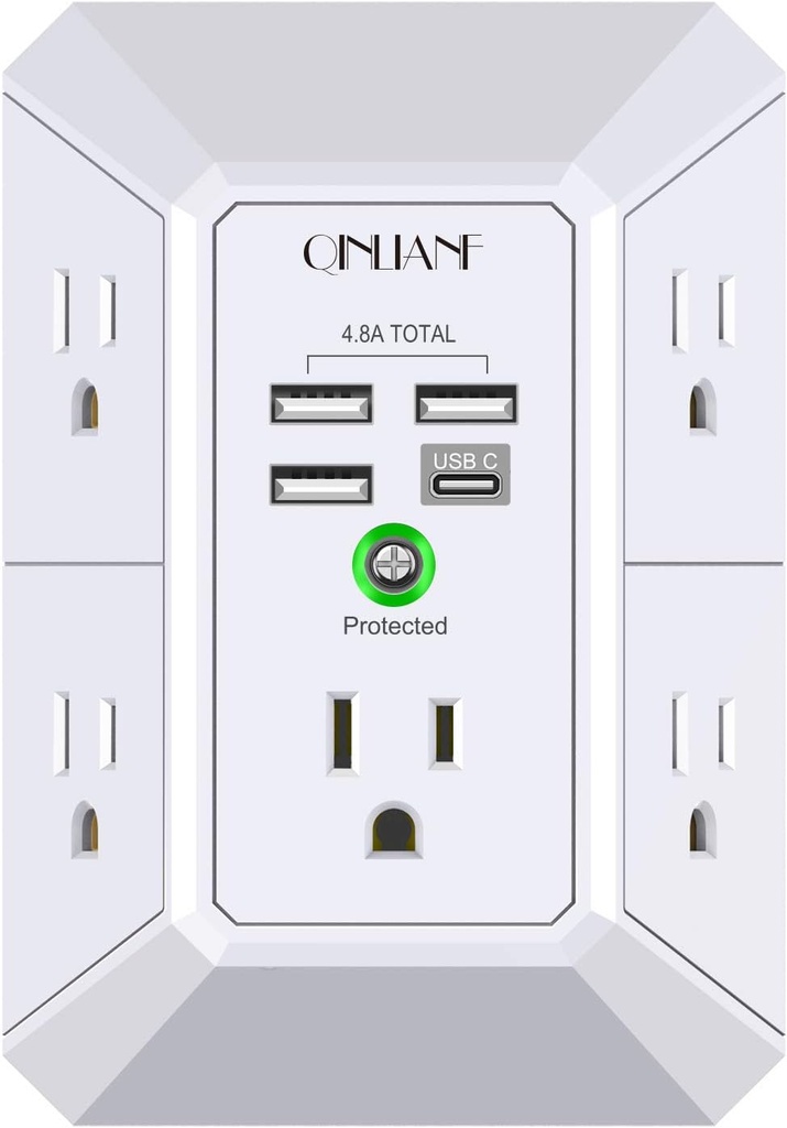 Wall Charger, Surge Protector, QINLIANF 5 Outlet Extender with 4 USB Charging Ports, 3-Sided 1680J Power Strip Multi Plug Adapter Spaced for Home Travel Office