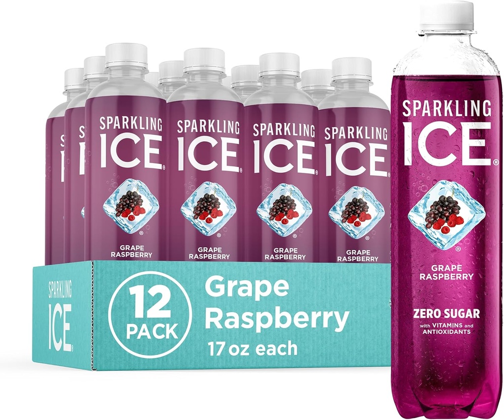 Sparkling Ice, Grape Raspberry Sparkling Water, Zero Sugar Flavored Water, with Vitamins and Antioxidants, Low Calorie Beverage, 17 fl oz Bottles (Pack of 12)