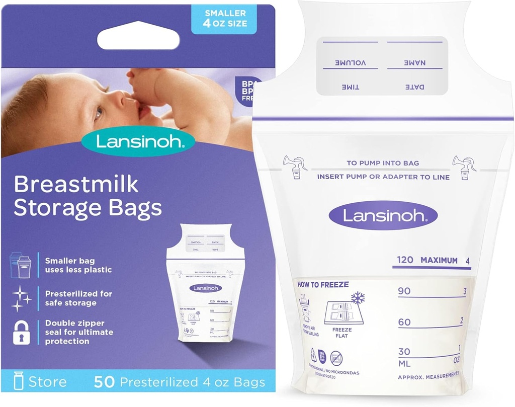Lansinoh Breastmilk Storage Bags, 50 Count, Baby Essentials, Fast Freeze & Thaw Breast Milk Bags for Baby Bottle Feeding, Superior Strength & Stretch, 4 Ounce