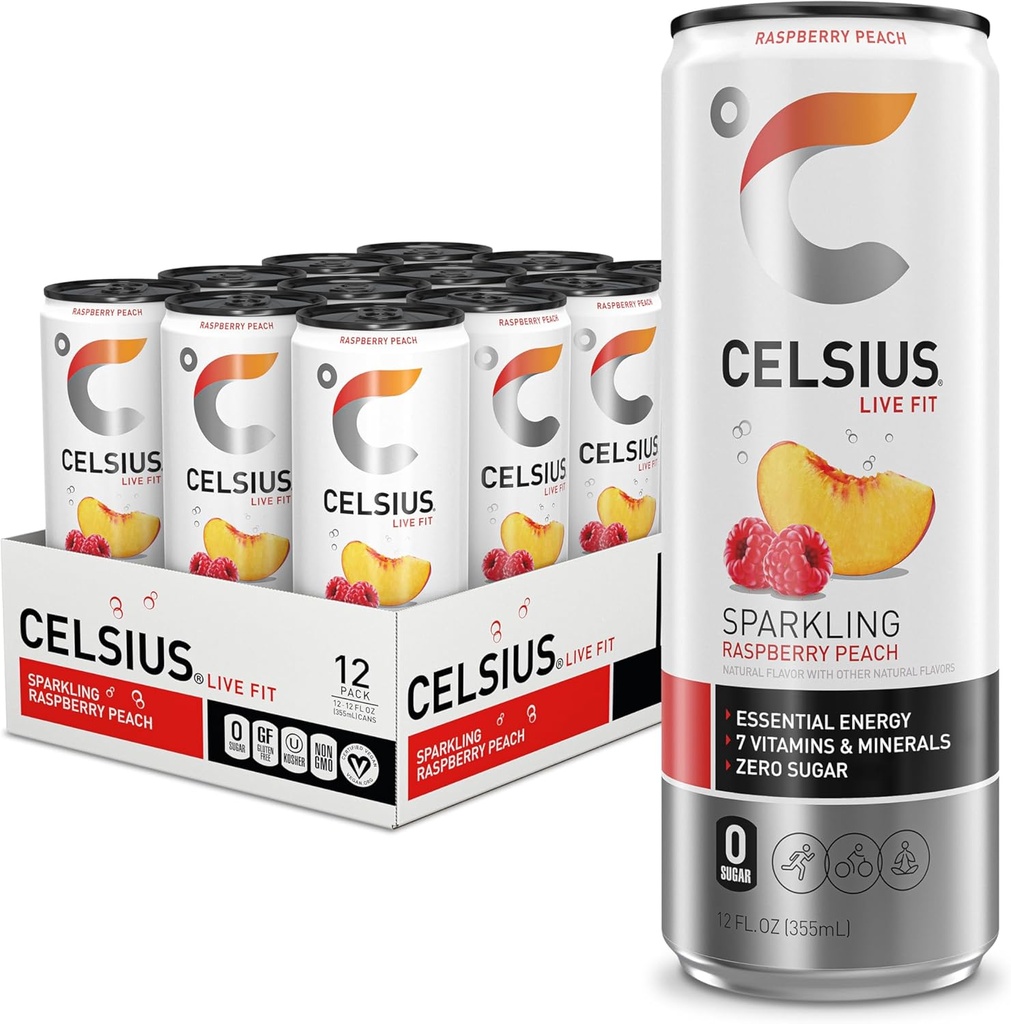 CELSIUS Sparkling Raspberry Peach, Sugar Free Energy Drink, 12 Fl Oz (Pack of 12)