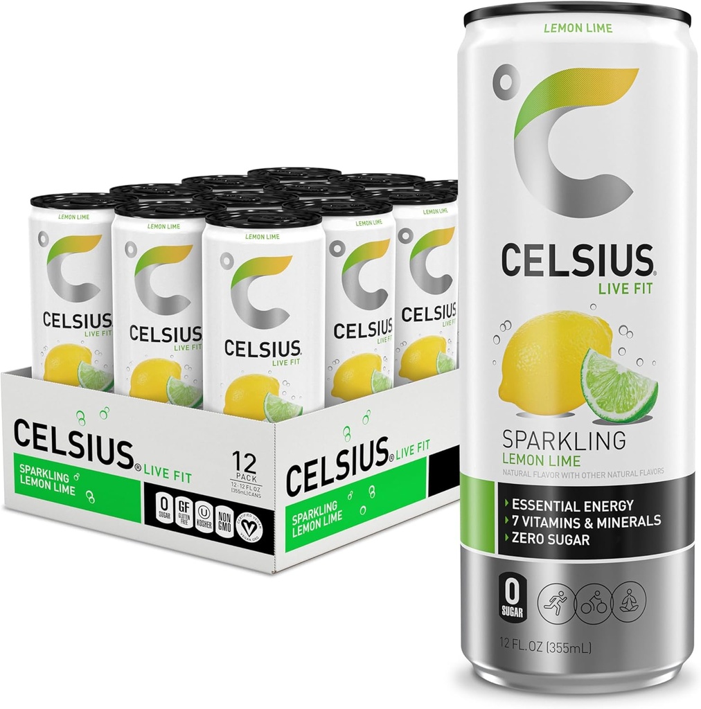 CELSIUS Sparkling Lemon Lime, Sugar Free Energy Drink, 12 Fl Oz (Pack of 12)