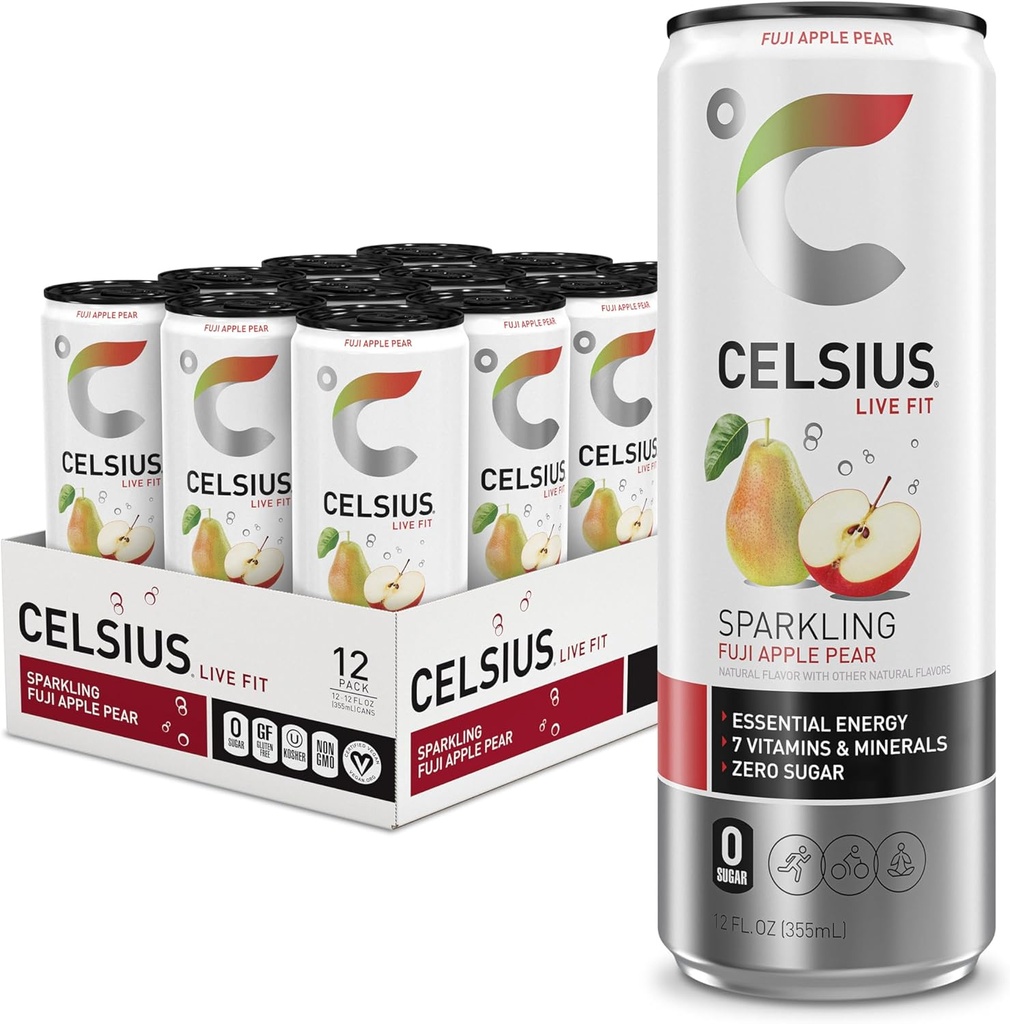 CELSIUS Sparkling Fuji Apple Pear, Functional Essential Energy Drink 12 Fl Oz (Pack of 12)