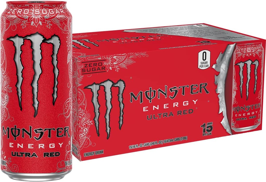 Monster Energy Ultra Red, Sugar Free Energy Drink, 16 Ounce | Pack of 15