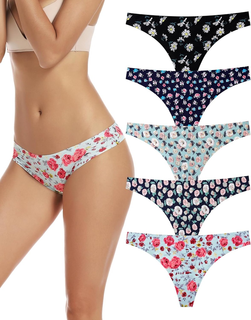 Seamless Women Underwear Thongs,No Show Ladies Thong,No Line Workout Breathable Comfortable Panties,Soft Undies,5-Pack