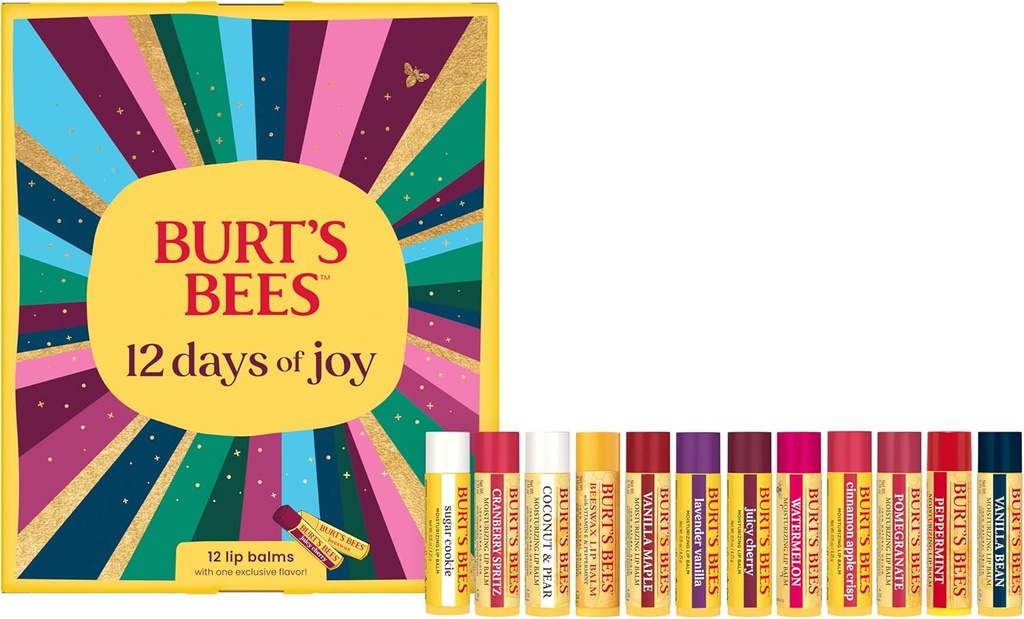 Burt's Bees 12 Days of Joy Lip Balm Advent Calendar Gift Set, Flavored Lip Balm Pack Great for Office Holiday Gifts, Tint-Free, Natural Origin Lip Care, 12 Tubes, 0.15 oz.