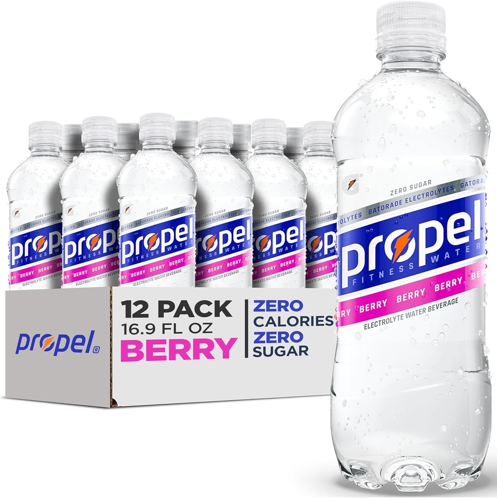Propel Electrolyte Enhanced Water Sports Drink, Berry Flavored Water, Zero Calorie & Zero Sugar Hydration with Electrolytes and Vitamins C & E, 16.9 fl oz Water Bottles (12 Pack)