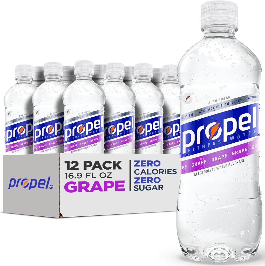 Propel Electrolyte Enhanced Water Sports Drink, Grape Flavored Water, Zero Calorie & Zero Sugar Hydration with Electrolytes and Vitamins C & E, 16.9 fl oz Bottles (12 Pack)