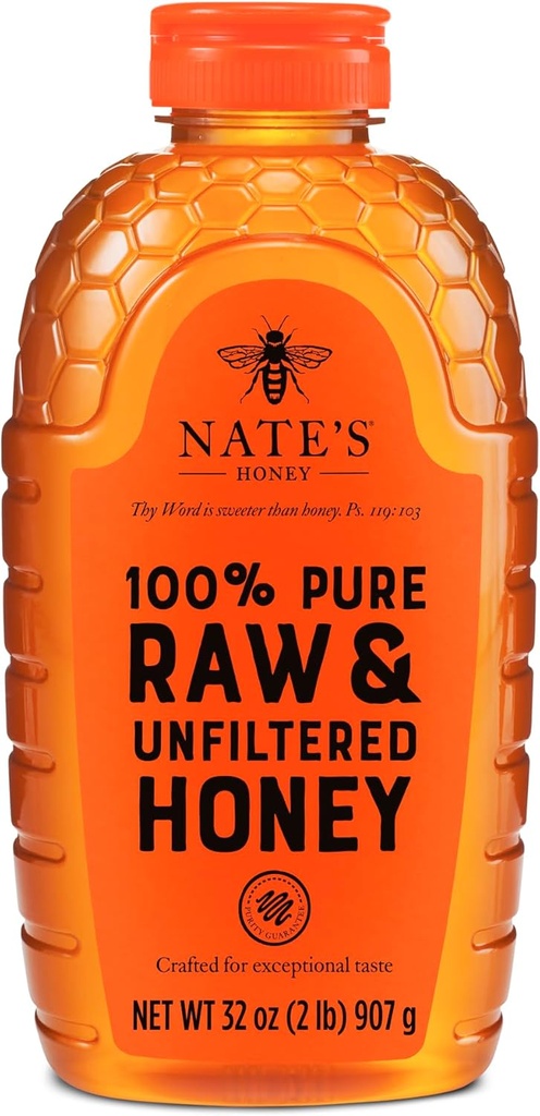 Nate's 100% Pure, Raw & Unfiltered Honey - Award-Winning Taste, 32oz. Squeeze Bottle