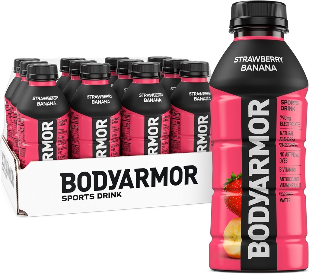 BODYARMOR Sports Drink, Strawberry Banana, Electrolyte Drink Hydration, 16 Fl Oz Bottles (12 Pack), Flavored Coconut Water with B Vitamins & Antioxidants