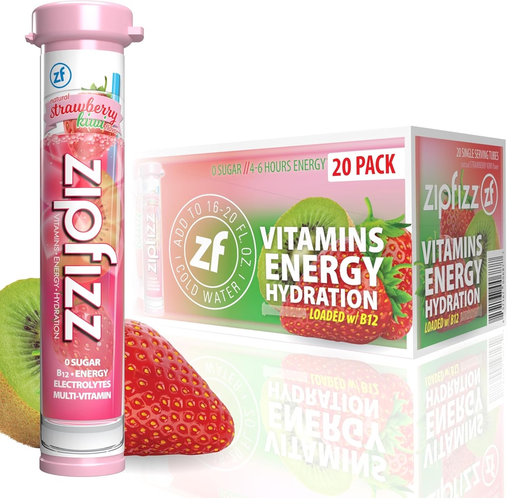 Zipfizz Daily Energy Drink Powder, Strawberry Kiwi, 20 Pack | 3-in-1 Sustained Energy, Rapid Hydration, and Essential Vitamins | Sugar-Free | Electrolyte Powder | Contains Vitamin B-12 & Antioxidants