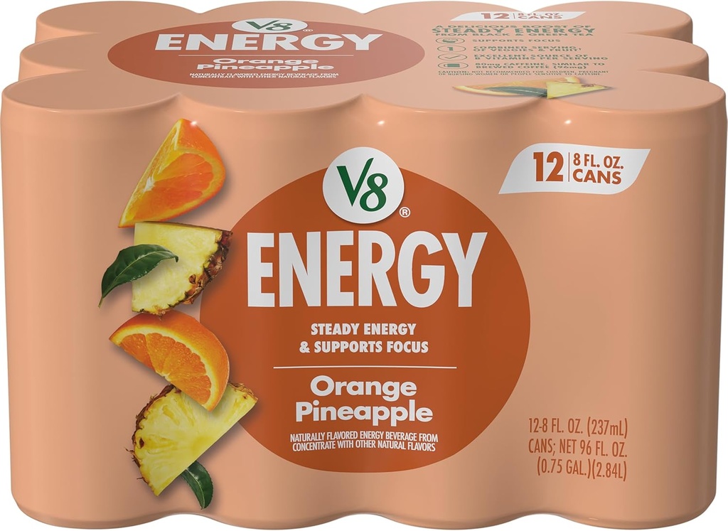 V8 Energy Orange Pineapple Energy Drink, 8 fl oz Can (12 Pack)