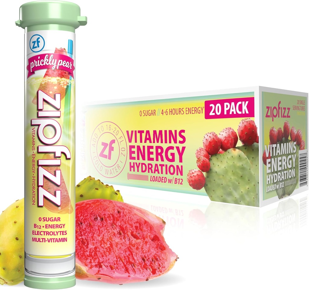 Zipfizz Daily Energy Drink Powder, Prickly Pear, 20 Pack | 3-in-1 Sustained Energy, Rapid Hydration, and Essential Vitamins | Sugar-Free | Electrolyte Powder | Contains Vitamin B-12 & Antioxidants