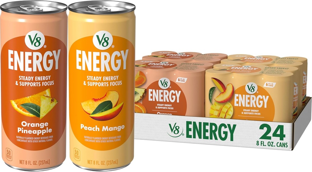 V8 Energy Peach Mango and Orange Pineapple Energy Drinks, 8 fl oz Can (24 Pack)