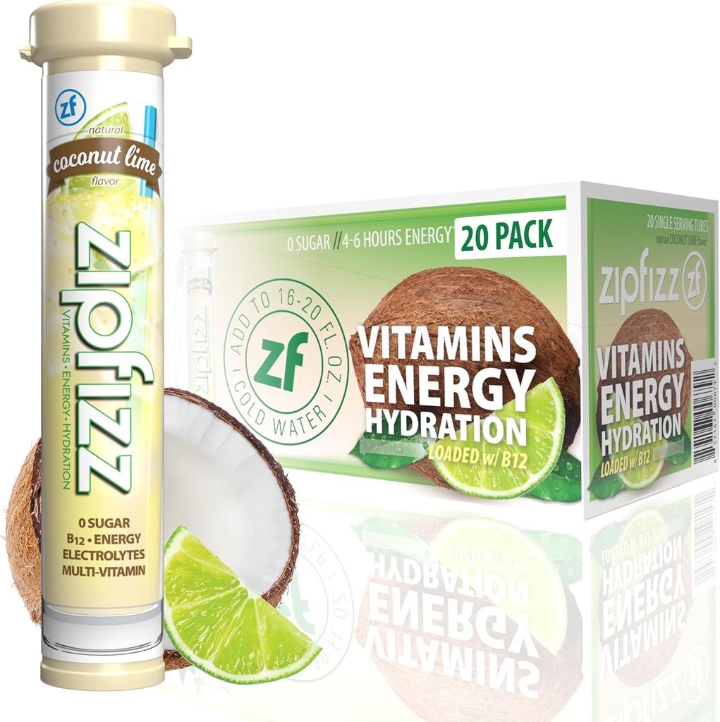 Zipfizz Daily Energy Drink Powder, Coconut Lime, 20 Pack | 3-in-1 Sustained Energy, Rapid Hydration, and Essential Vitamins | Sugar-Free | Electrolyte Powder | Contains Vitamin B-12 & Antioxidants