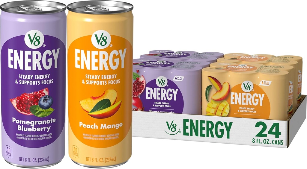 V8 Energy Pomegranate Blueberry and Peach Mango Energy Drinks, 8 fl oz Can (24 Pack)
