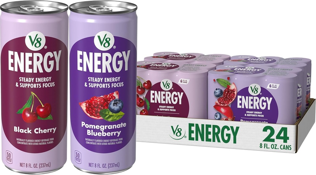 V8 Energy Black Cherry and Pomegranate Blueberry Energy Drinks, 8 fl oz Can (24 Pack)