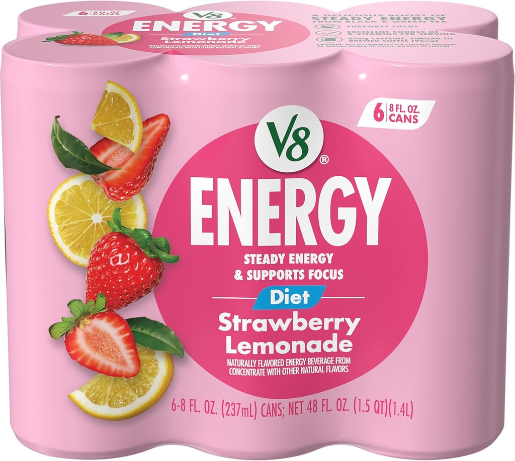 V8 Energy Diet Strawberry Lemonade Juice Energy Drink, 8 fl oz Can (6 Pack)