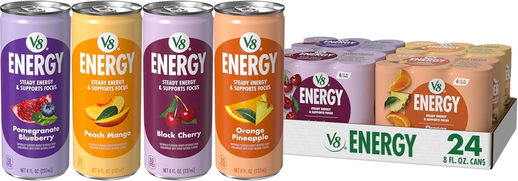 V8 +Energy Peach Mango, Orange Pineapple, Black Cherry and Pomegranate Blueberry Juice Energy Drinks, 8 fl oz Can (24 Pack)