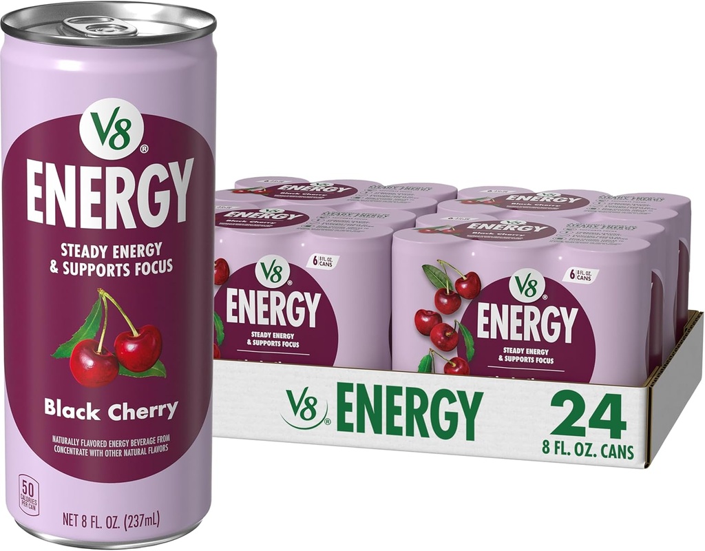 V8 Energy Black Cherry Energy Drink, 8 fl oz Can (24 Pack)