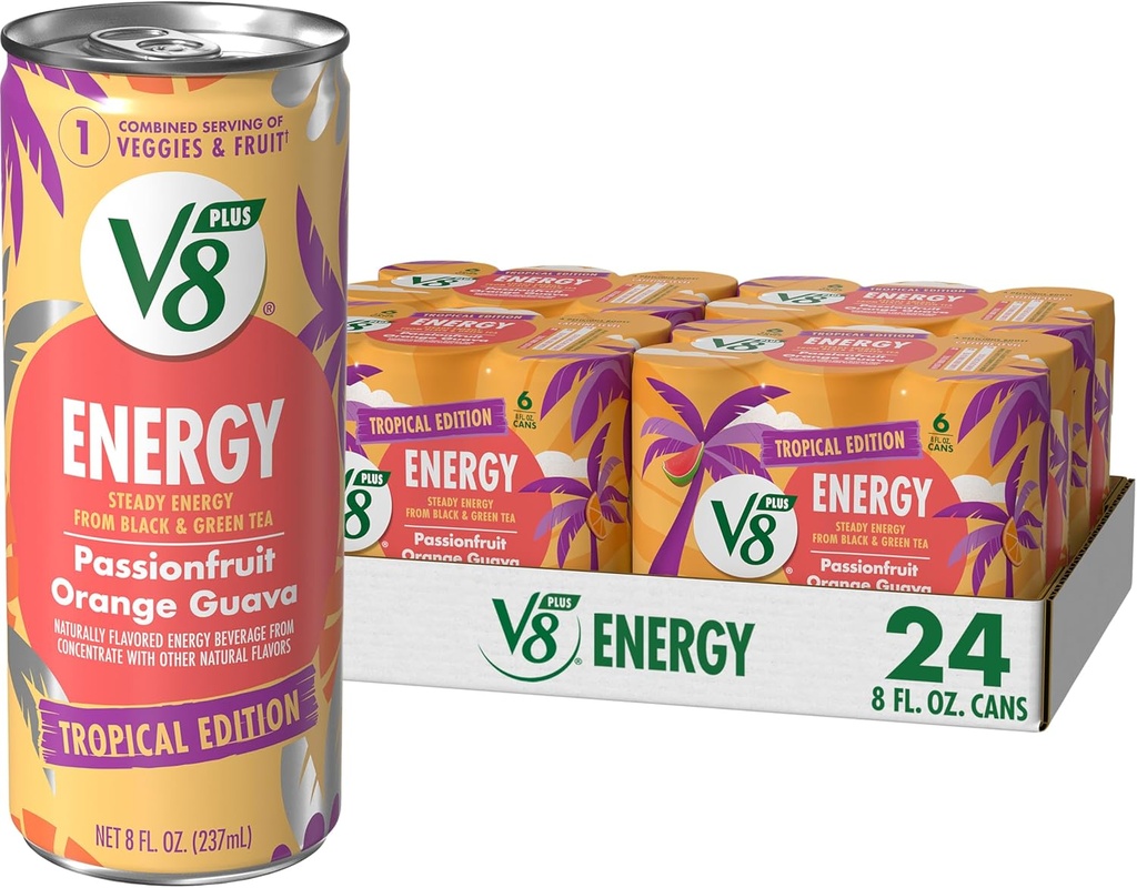 V8 +Energy Passionfruit Orange Guava Juice Energy Drink, 8 fl oz Can (24 Pack)