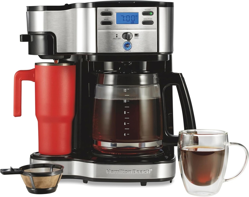Hamilton Beach 2-Way Programmable Coffee Maker, 12 Cup Glass Carafe And Single Serve Coffee Maker, Black with Stainless Steel Accents, 49980RG (ONESIZE)
