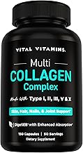 Vital Vitamins Multi Collagen for Women & Men - Type I, II, III, V, X - Grass Fed, Non-GMO - 150 Capsules